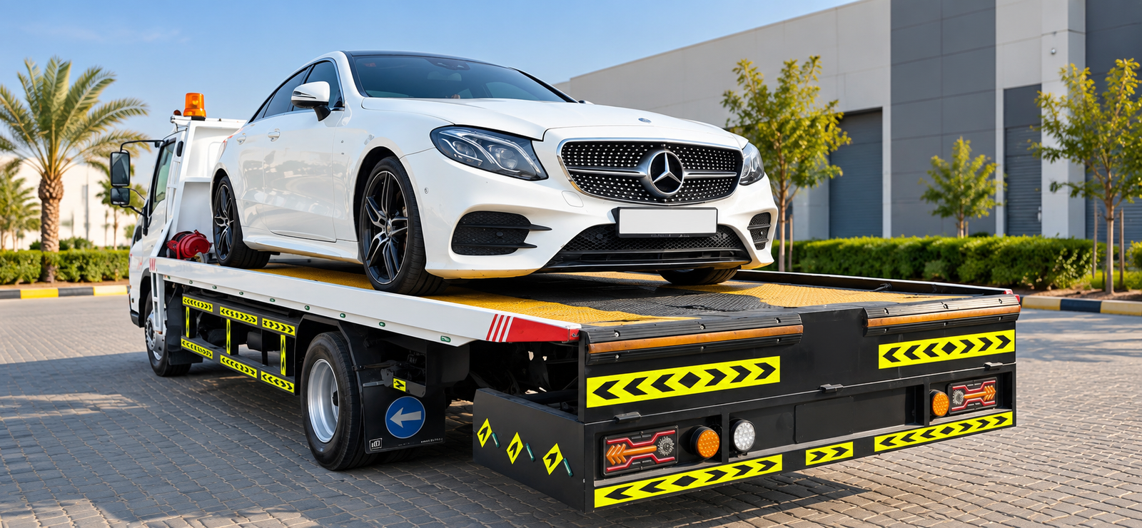 Mercedes vehicle on a chevron tow truck