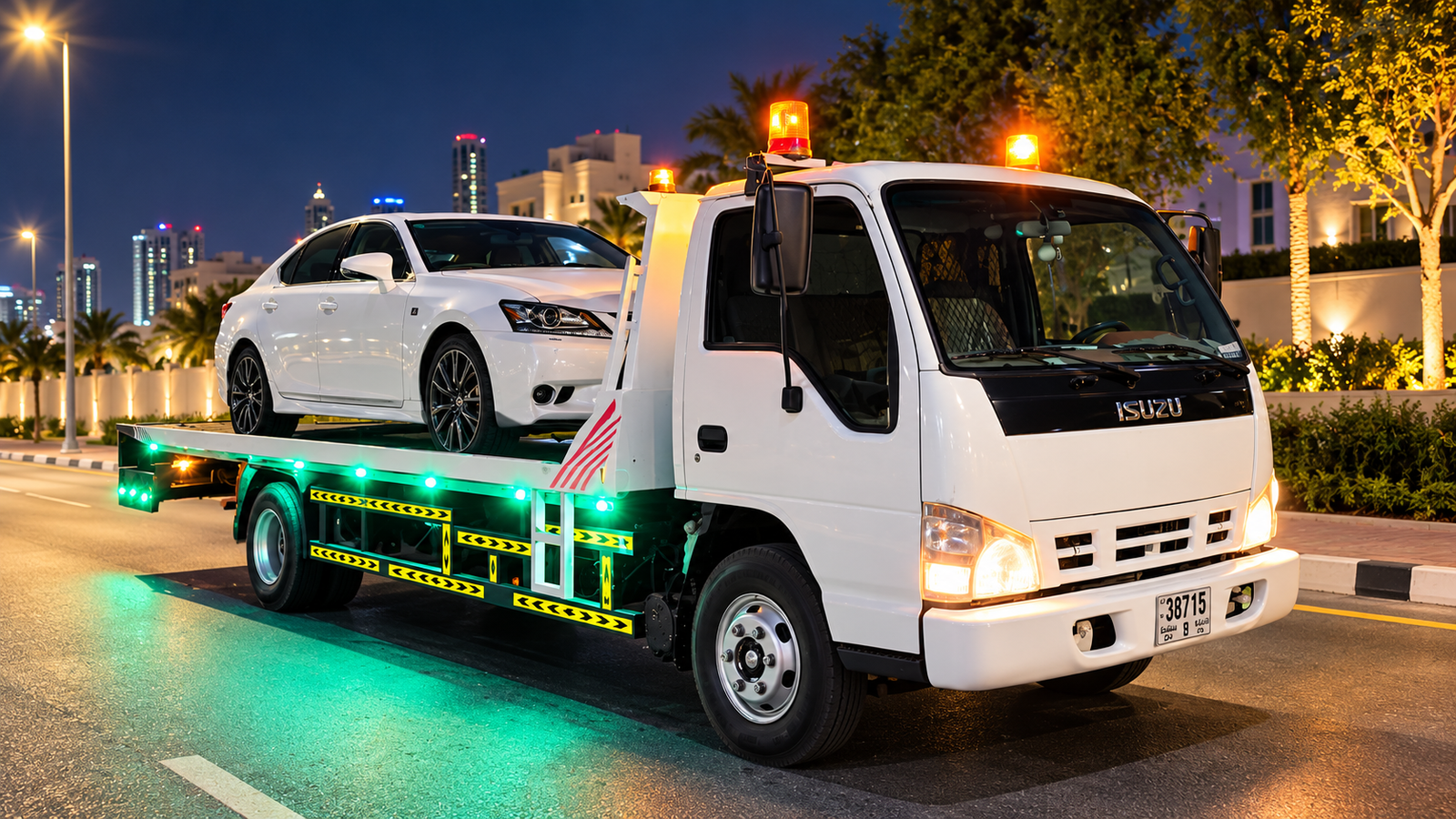 Tow truck recovery scene at night