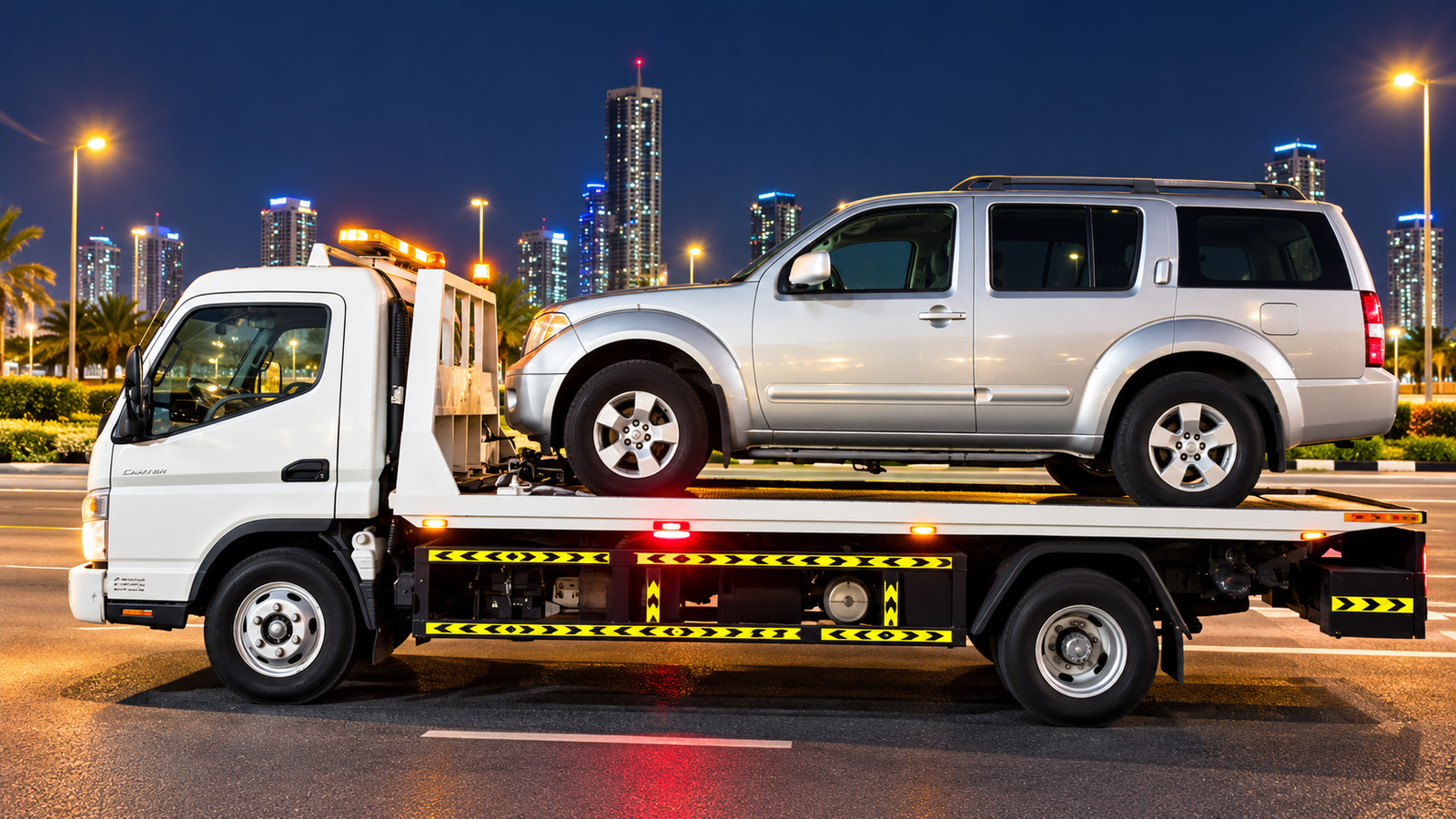 Tow truck carrying an SUV at night