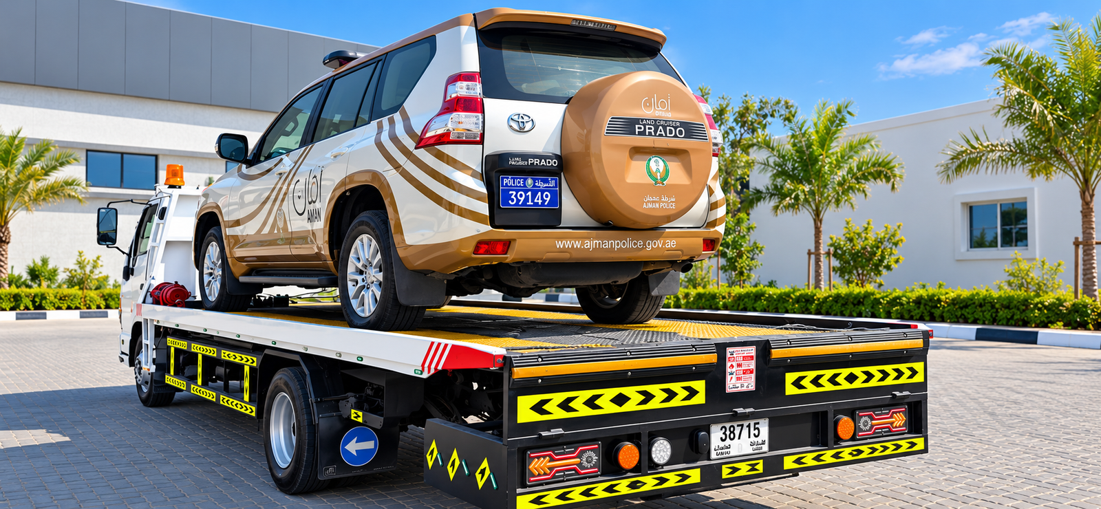 Prado vehicle on a flatbed tow truck