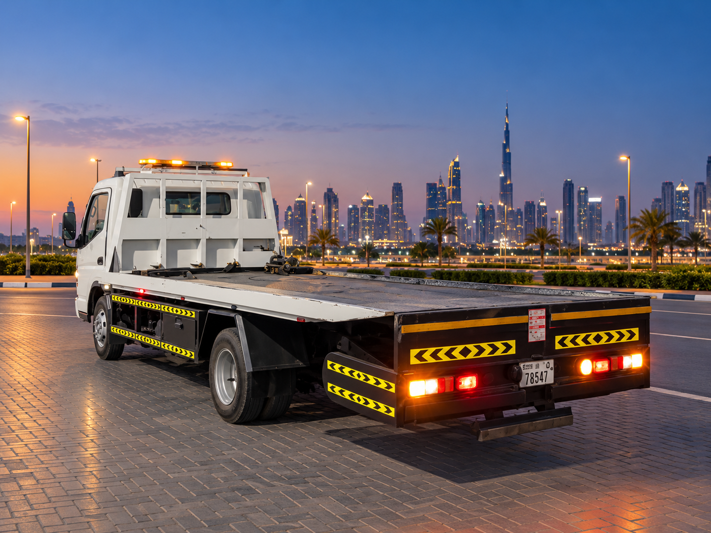 Tow truck with city skyline at twilight